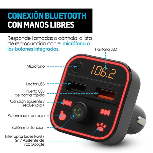 Transmisor Fm Bluetooth Auto Rgb Manos Libres Carga Rapida