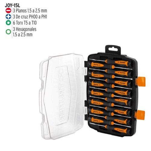Juego de 15 Desarmadores de Cruz-Hexagonales-Planos Largos de Precisión Ideal Para Electronica JOY-15L Truper 