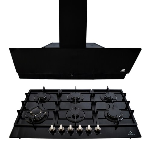 Combo parrilla a gas de 6 quemadores y campana para pared de cristal templado SUPRA SCANNO  ambas de cristal templado color negro