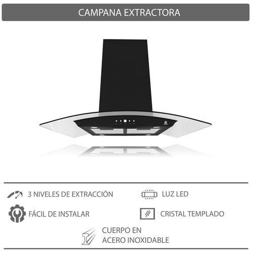 Combo parrilla a gas de 6 quemadores y campana de isla en cristal templado SUPRA MONTALCINO ambas en color negro