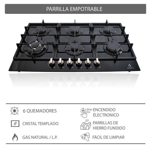 Combo parrilla a gas de 6 quemadores y campana de isla en cristal templado SUPRA MONTALCINO ambas en color negro