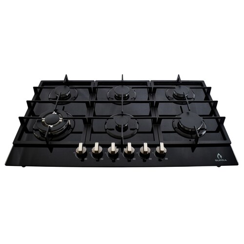 Combo parrilla a gas de 6 quemadores y campana de isla en cristal templado SUPRA MONTALCINO ambas en color negro