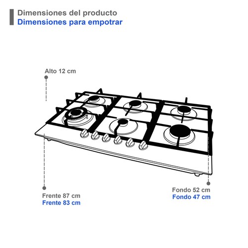 Combo parrilla a gas de 6 quemadores y campana de isla en cristal templado SUPRA MONTALCINO ambas en color negro