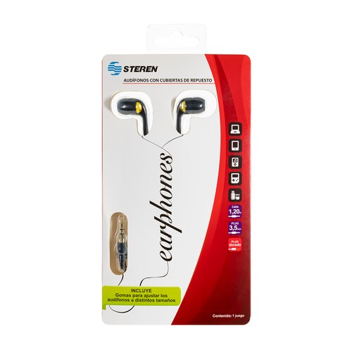 Audífonos In Ear Steren 3.5 Cable de 1.2 En Color Negro Almohadillas Intercambiables