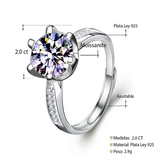 Anillo De Compromiso VAROURO  Plata 925 Moissanita 2.0ct | Ajustable.