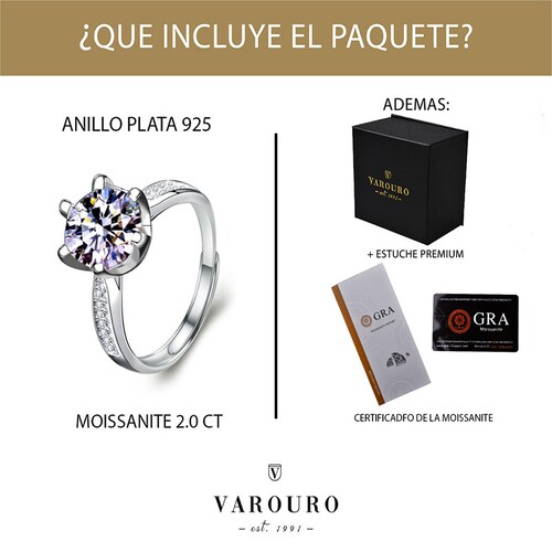 Anillo De Compromiso VAROURO  Plata 925 Moissanita 2.0ct | Ajustable.