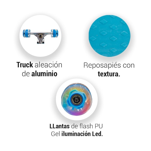 Patineta Skate Waveboard Azul Poliuretano Alta Resistencia Llanta Gel Flash Led.