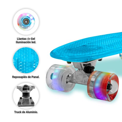 Patineta Skate Cruiser Mini Azul Transparente Llanta Gel Flash Luz Led