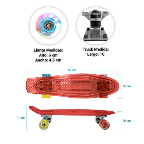 Patineta Skate Cruiser Mini Rojo Transparente Llanta Gel Flash Luz Led