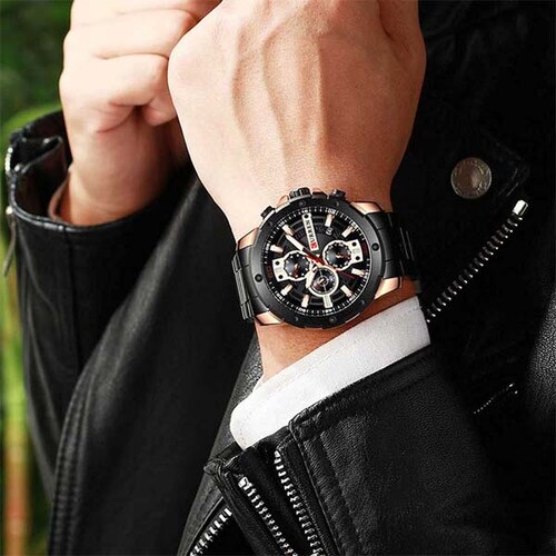 Reloj de Pulsera para Hombre, Análogo, Elegante, Moderno, Fechador, Extensible de Acero, Broche Ajus 
