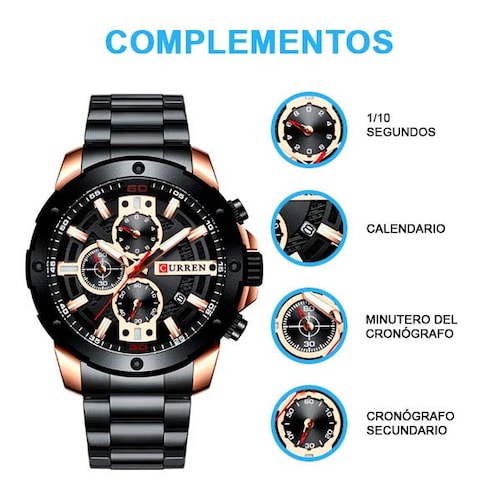 Reloj de Pulsera para Hombre, Análogo, Elegante, Moderno, Fechador, Extensible de Acero, Broche Ajus 