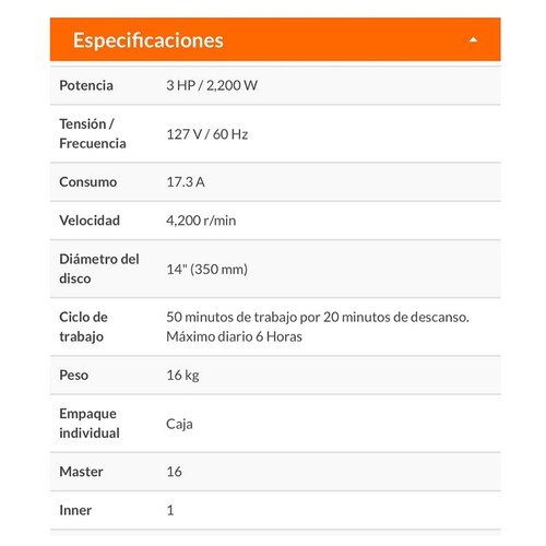 Tronzadora / cortadora de metales 14 , mango en D , 2200 W