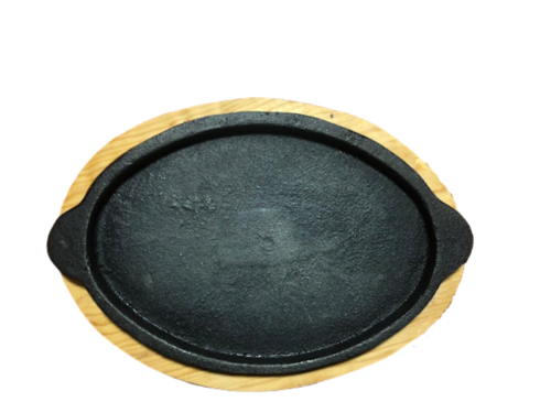 PLANCHA DE HIERRO FUNDIDO OVAL CON BASE DE MADERA 