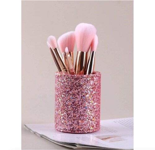 Organizador Base Porta Brochas De Maquillaje Rosa Glitter.