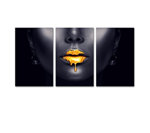 Cuadro decorativo Minimalista Mujer Negro y Dorado moderno decoración 168x86cm 3 piezas