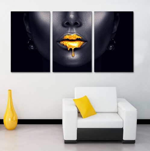 Cuadro decorativo Minimalista Mujer Negro y Dorado moderno decoración 168x86cm 3 piezas