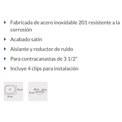 TARJA DE COCINA DE EMPOTRAR 38 X 38 CM, TIPO BAR DE ACERO INOXIDABLE TA-38 B  FOSET 