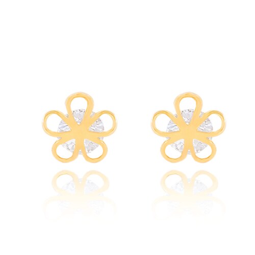 Hermoso Arete Broquel Oro 18k Laminado #331 610-637 Diseño en forma de petalos con zirconia al centro, Medidas Largo 1cm. Diametro 0.7 cm.