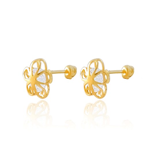 Hermoso Arete Broquel Oro 18k Laminado #331 610-637 Diseño en forma de petalos con zirconia al centro, Medidas Largo 1cm. Diametro 0.7 cm.