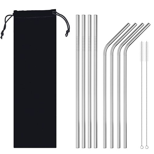 Kit de 8 popotes de metal acero inoxidable ecológicos + 2 cepillos + Bolsita de viaje para guardar negra