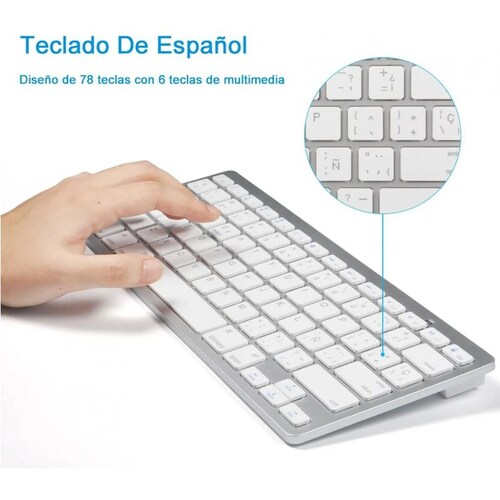 TECLADO BLUETOOTH EN ESPAÑOL,  PORTATIL INALAMBRICO ANDROID IPHONE WINDOWS, PLATA
