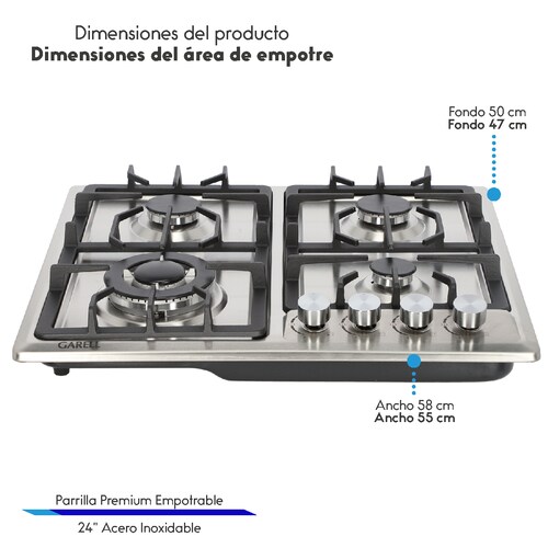 Parrilla Empotrable Premium de Gas 4 Quemadores de Acero Inoxidable GARELL.