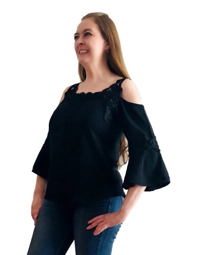 Blusa para mujer dama casual manga 3/4 con aplicaciones de encaje D´Noel.