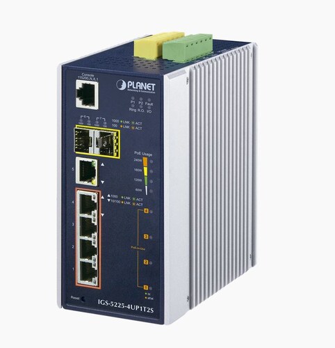 Switch Industrial Administrable 4 Puertos Gigabit c/Ultra PoE 802.3af/at, 2 Puertos SFP