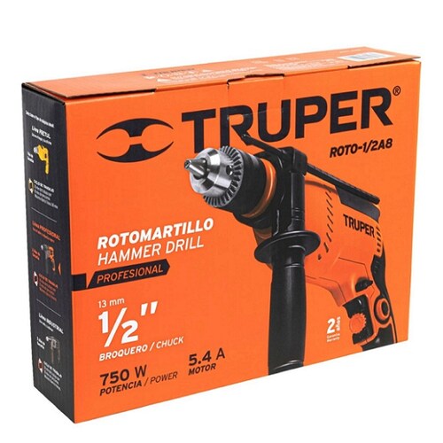 Rotomartillo Taladro Profesional de 750W Truper de 1/2" ROTO-1/2A8 Perforación Concreto Acero Plastico Madera