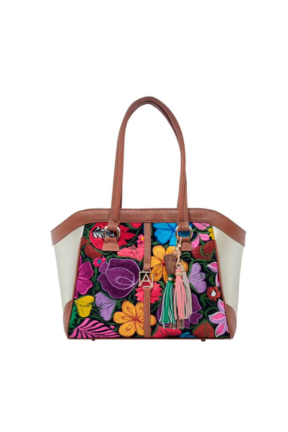 Bolso Tote AngeLozano de piel con Telar Artesanal Flores color Oro ligth Modelo Maya