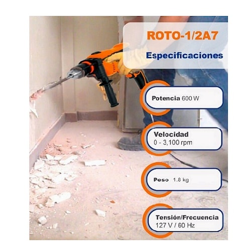 Rotomartillo Taladro Profesional Truper de 1/2" de 650W ROTO-1/2A7 Perforación Concreto Metal Plástico Madera