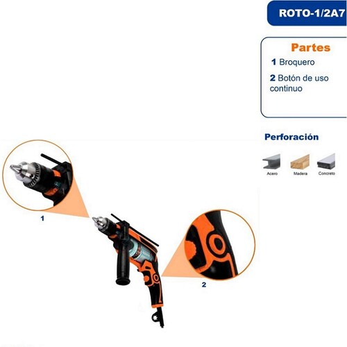 Rotomartillo Taladro Profesional Truper de 1/2" de 650W ROTO-1/2A7 Perforación Concreto Metal Plástico Madera