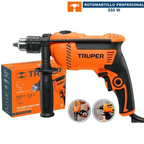 Rotomartillo Taladro Profesional Truper de 1/2" de 650W ROTO-1/2A7 Perforación Concreto Metal Plástico Madera