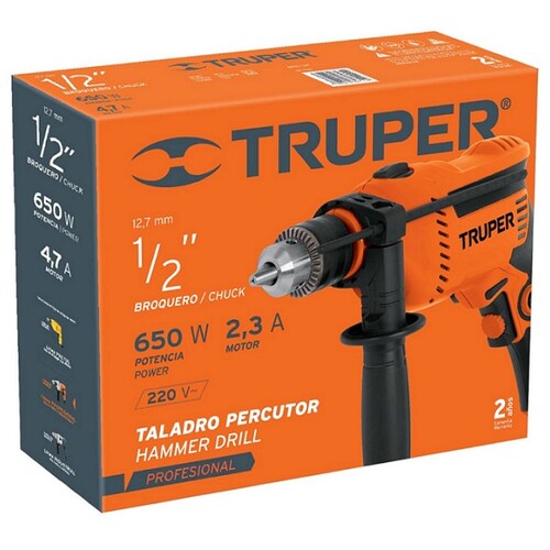 Rotomartillo Taladro Profesional Truper de 1/2" de 650W ROTO-1/2A7 Perforación Concreto Metal Plástico Madera