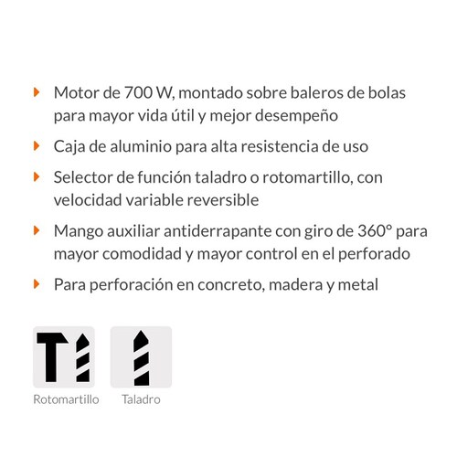 Rotomartillo Taladro Industrial de 1/2 uso Rudo y Continuo de 700W Truper ROTO1/2N6 Perforación Concreto Metal Plástico Madera Desatornillador