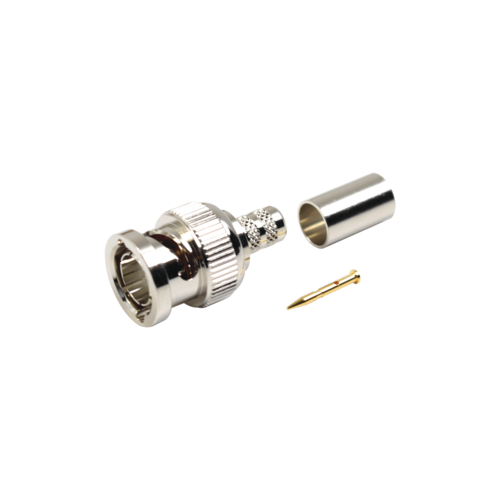 Conector BNC Macho en 75 Ohm, Anillo Plegable para RG59/U, Níquel/ Oro/ Teflón.