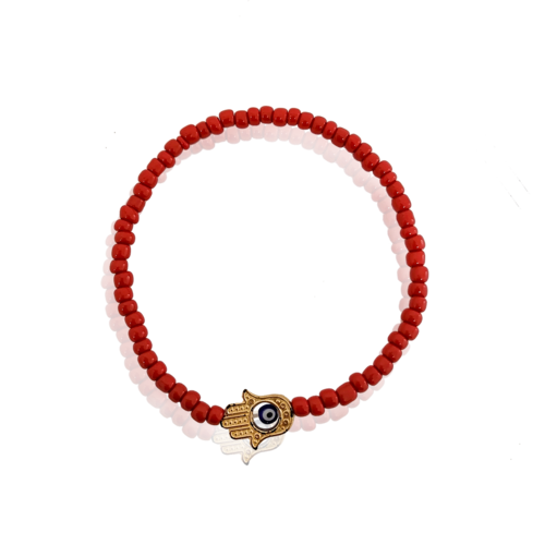 Pulsera Artesanal Bolitas Rojas con Dije dorado #417 21.5 cm largo 0.8 cm ancho