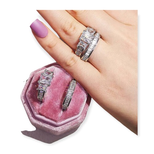 Juego de Anillo y Churumbela Trío de Zirconias Cúbicas Amour Plata.