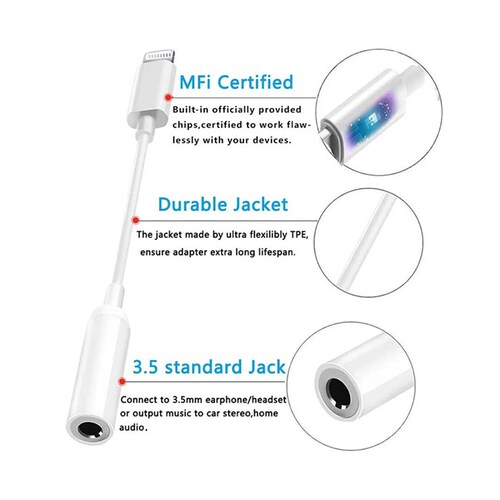 Adaptador Lightning a Jack De 3.5 Mm Para Audífonos Blanco