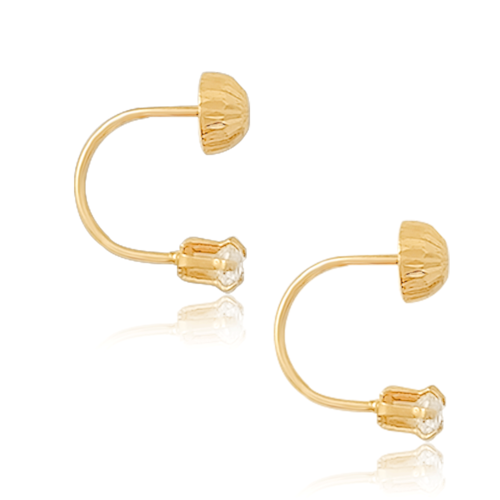 Aretes broquel en oro 18k laminado #785 396-423 con figura tipo sombrilla con zirconia con medidas 0.5 de ancho , 1.3 de alto y 1 cm de profundidad.