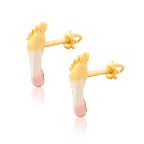 Aretes broquel en oro 18k laminado #669 212-252 con figura de pies con medidas 0.4 de ancho , 0.4 de alto y 1 cm prof.