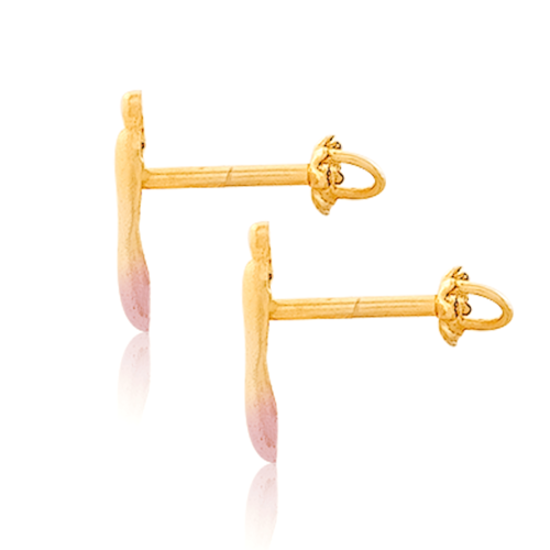 Aretes broquel en oro 18k laminado #669 212-252 con figura de pies con medidas 0.4 de ancho , 0.4 de alto y 1 cm prof.