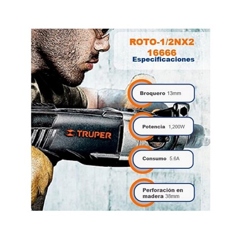 Rotomartillo-Taladro 1/2", industrial, 1200 W perforación en concreto, madera y metal ROTO-1/2NX2 TRUPER.
