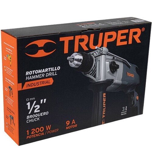 Rotomartillo-Taladro 1/2", industrial, 1200 W perforación en concreto, madera y metal ROTO-1/2NX2 TRUPER.