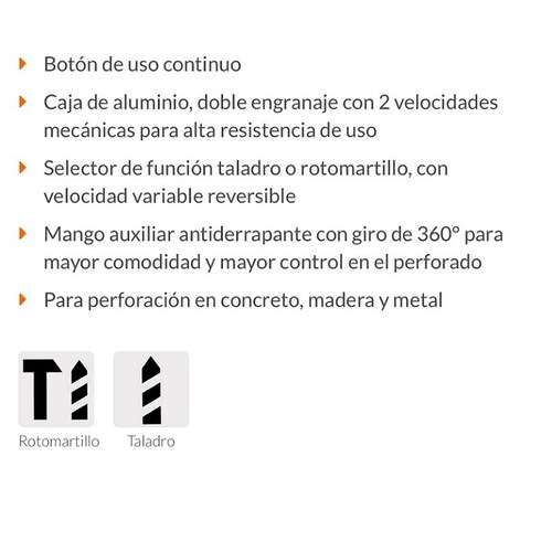 Rotomartillo-Taladro 1/2", industrial, 1200 W perforación en concreto, madera y metal ROTO-1/2NX2 TRUPER.