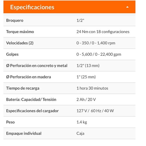 Rotomartillo-Taladro-Destornillador inalámbrico, batería ion litio, 20 V, 1/2" incluye accesorios ROTI-20A TRUPER