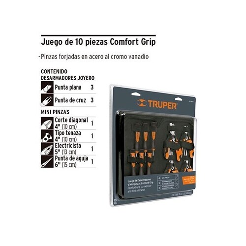 Juego de Pinzas Comfort Grip 10 Pzas Electricista Puntas Plana de Cruz de corte diagonal Tenaza Desarmador de Joyeros Truper J60-MP-DJ 