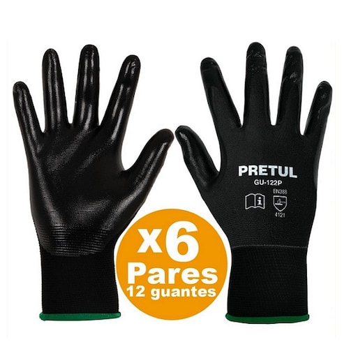 Guantes de seguridad ( 6 Pares )Antiderrapantes Mecánica -Mantenimiento-Construcción  , Talla G , GU-123P  Pretul
