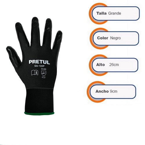 Guantes de seguridad ( 6 Pares )Antiderrapantes Mecánica -Mantenimiento-Construcción  , Talla G , GU-123P  Pretul