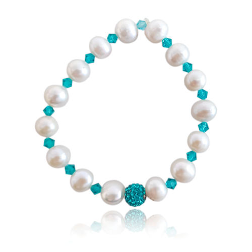 Pulsera Perla Gris #450 Cristal Verde Perla Blanca Bola Diámetro 6.5 cm Largo 13 cm